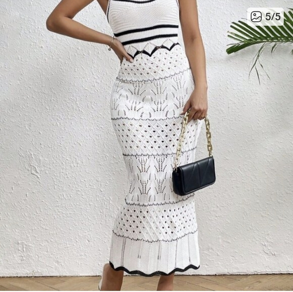Elegant Cream And Black Crochet Dress - Picture 5 of 8